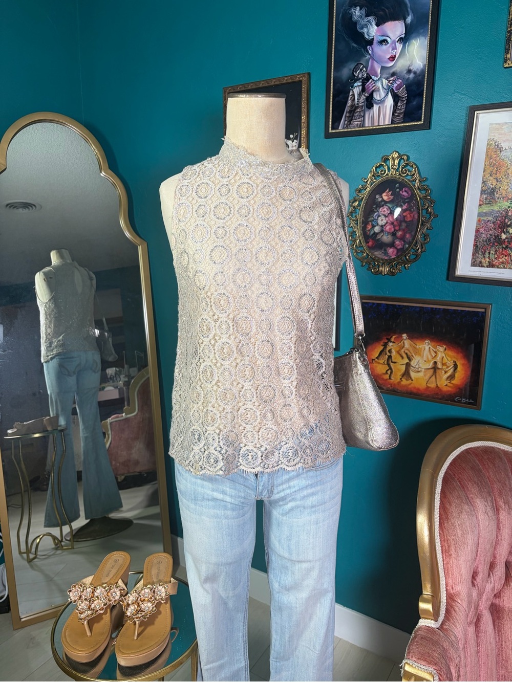 AQUA Metallic Lace Mock Neck Open Back Top Size S